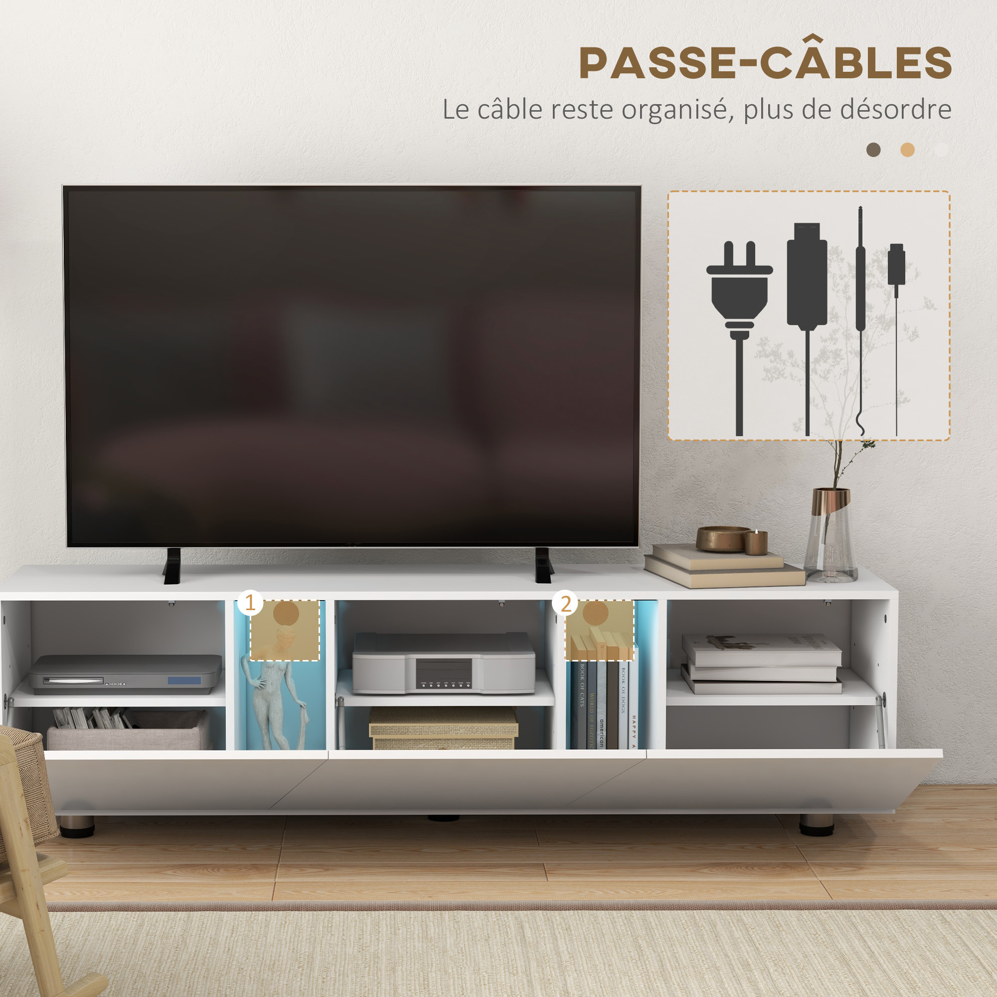 Meuble TV Banc TV style contemporain 3 portes abattantes panneaux blanc laqué