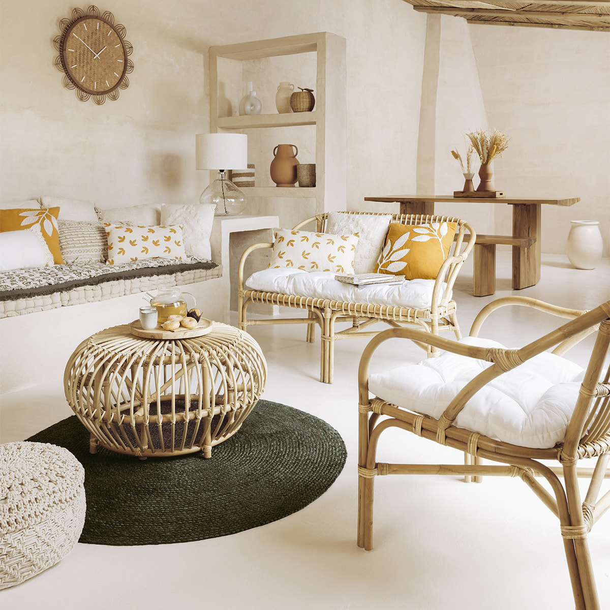 Fauteuil "Neta" rotin tissu blanc