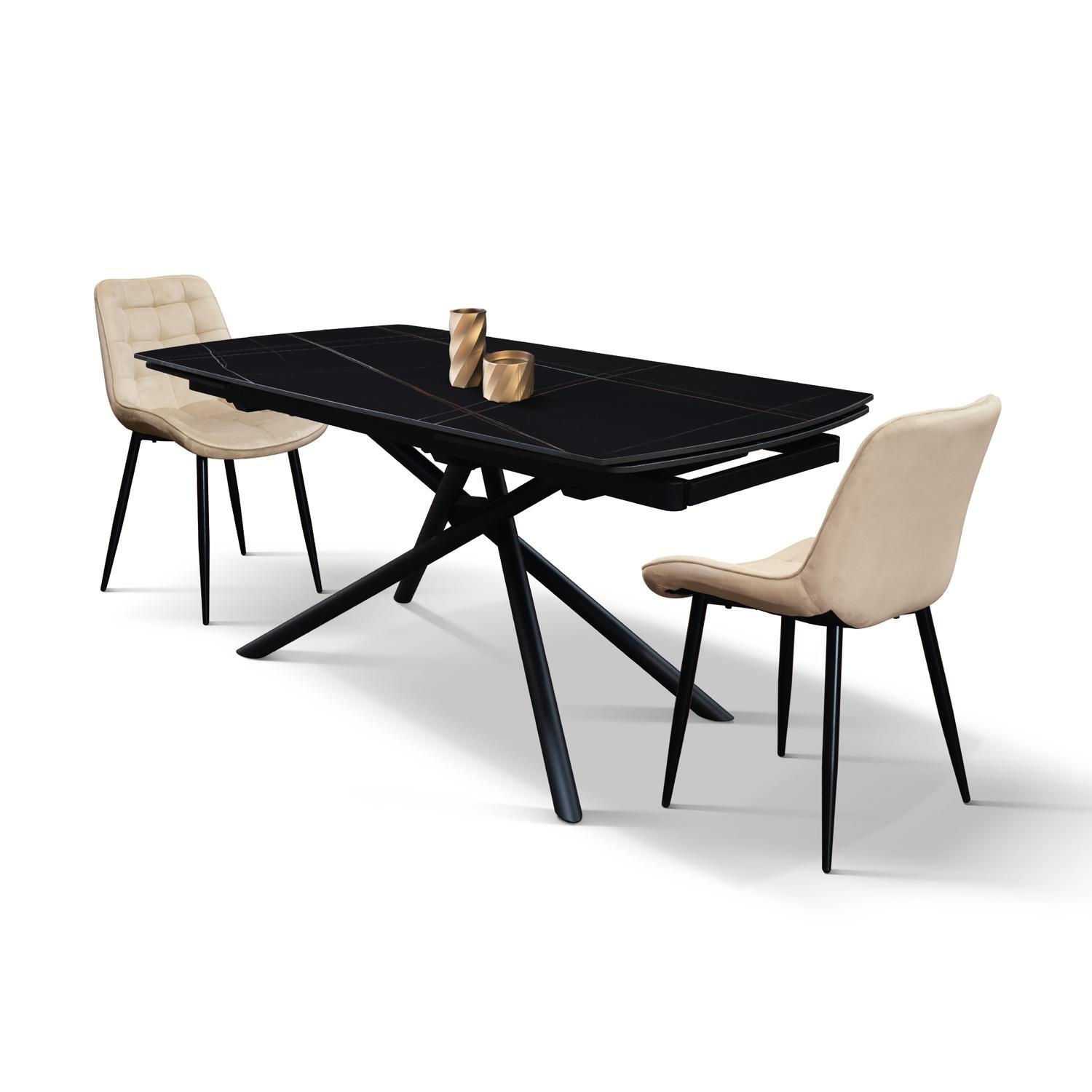 Tavolo BONIFACIO in ceramica nero Sahara e base in metallo verniciato nero, allungabile 140x90 cm - 200x90 cm