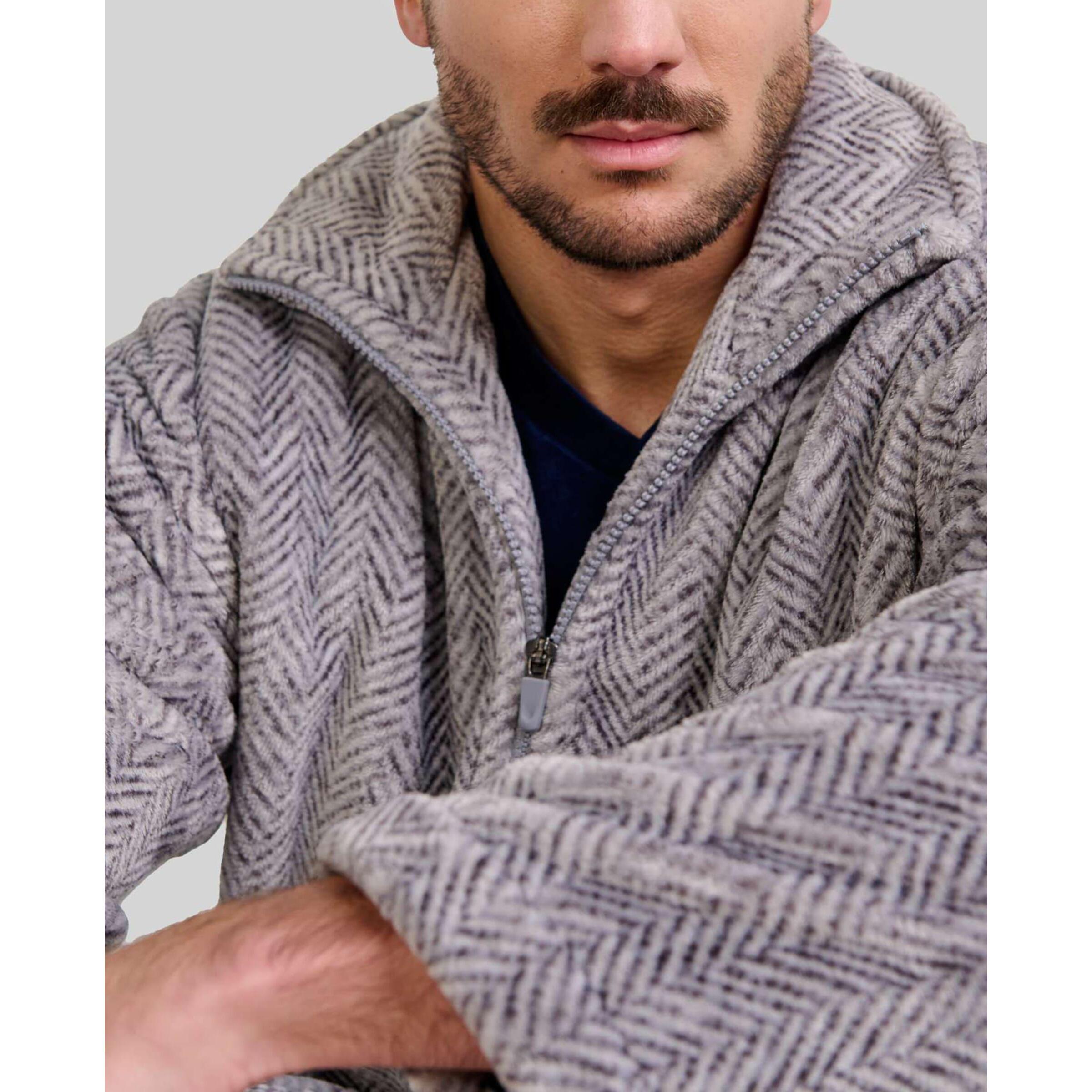 Bata hombre cremallera, tejido de espiga, manga larga y bolsillos laterales