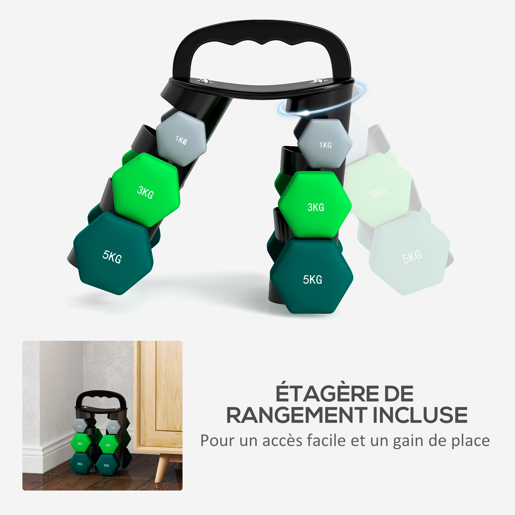 Support noir pour 6 haltères vinyles - 6 haltères incluses total 48 Kg - noir gris vert