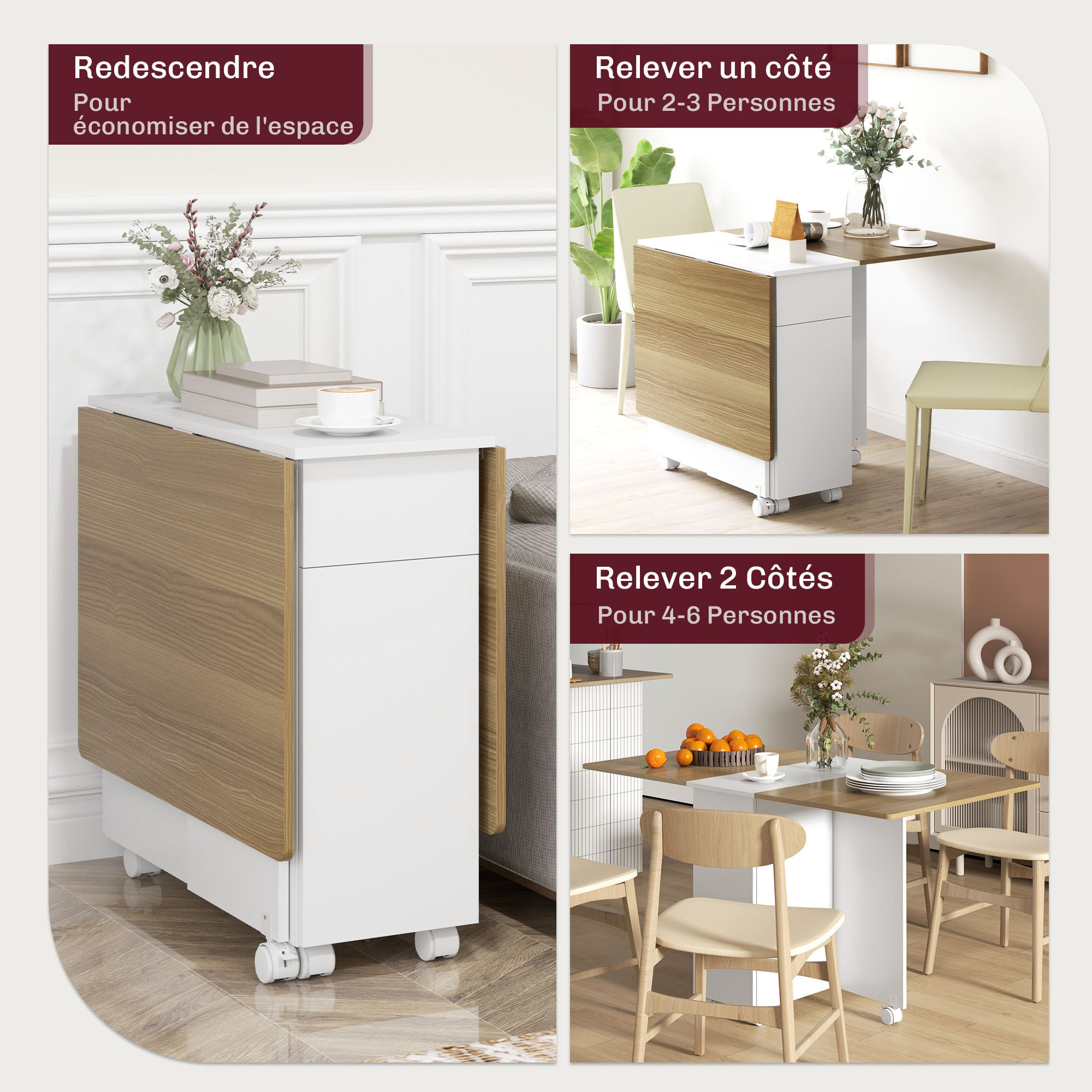 Table de cuisine rabattable - table à manger pliable 4-6 personnes - 2 tiroirs, placard - blanc effet bois
