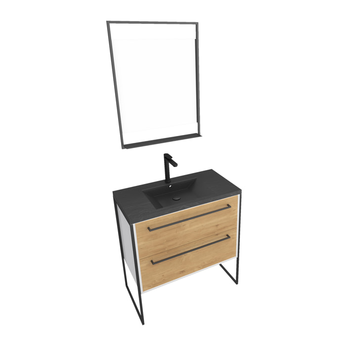 Meuble de salle de bain 80x50 cm + 2 tiroirs chêne naturel + vasque noir effet pierre + miroir led