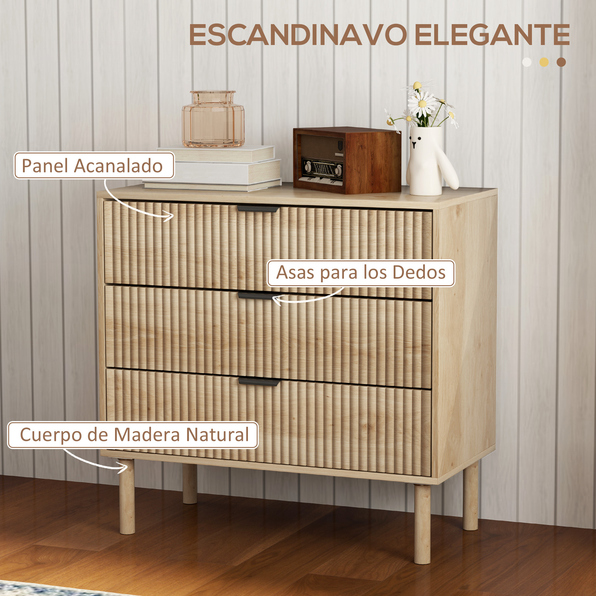 Cómoda con 3 Cajones Cómoda de Dormitorio Estilo Nórdico con Sistema Anti-vuelco Frentes con Paneles Acanalados y Tiradores Metálicos Cajonera para Salón Pasillo 80x40x77,5 cm Roble
