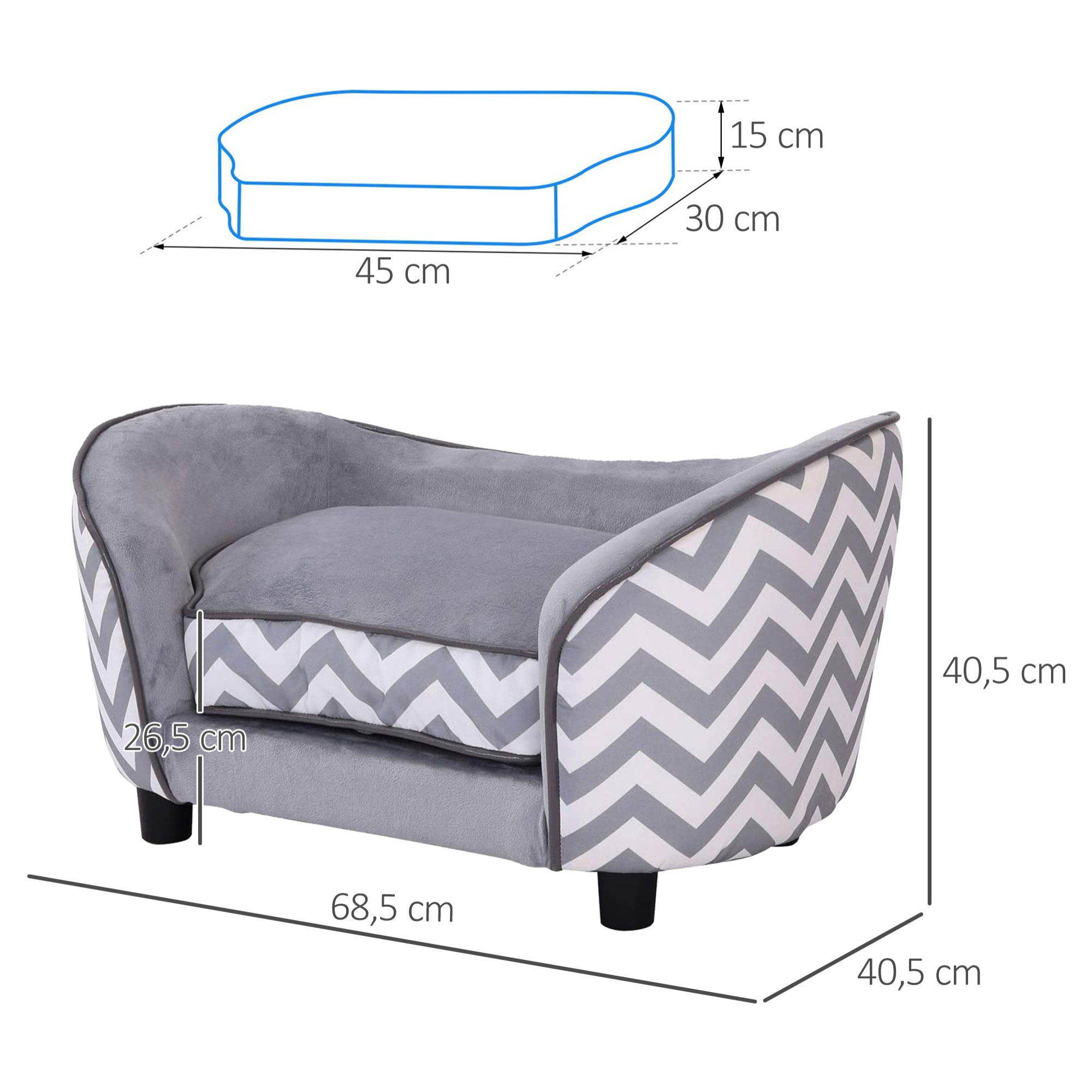 Sofá para Mascota de Madera PVC Espuma 68,5x40,5x40,5cm Gris