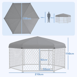 Perrera de Exterior Hexagonal Jaula para Perros con Puerta Marco de Acero Galvanizado y Toldo Impermeable y Anti-UV 210x185x150 cm Plata