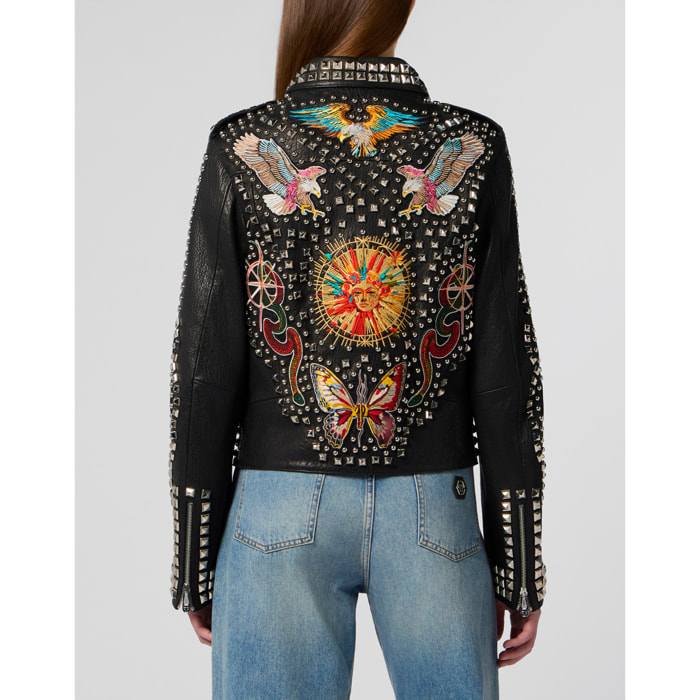 PHILIPP PLEIN Boxy Fit Biker Jacket Studs & Patches