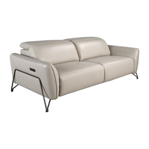 Sofá relax de 3 plazas tapizado en piel de origen vacuno en arena con reposacabezas patas de acero inoxidable oscurecido 2 sistemas de relax eléctrico 213x111x104cm