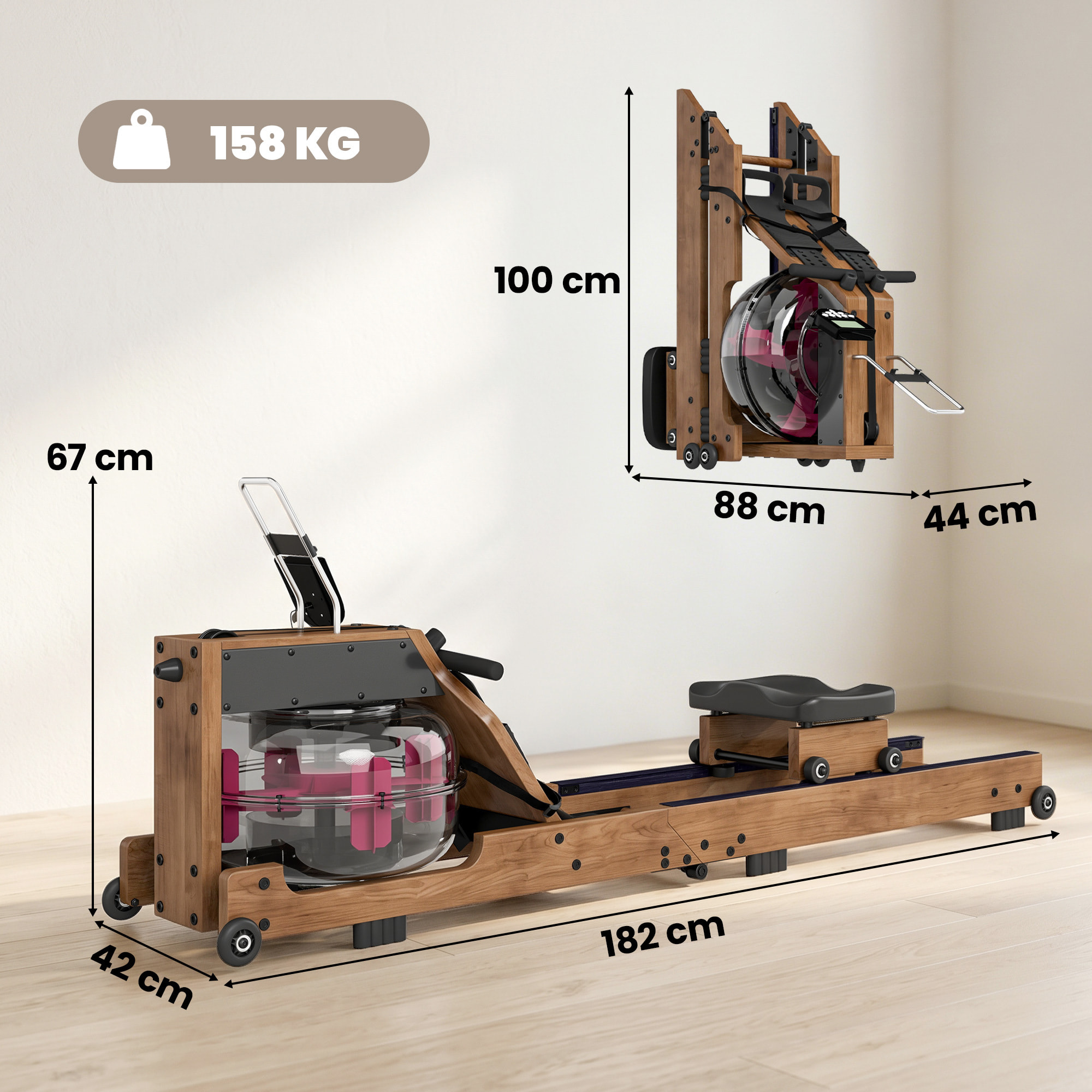 Rameur à eau pliable résistance réglable 8-14L alu bois coloris chêne