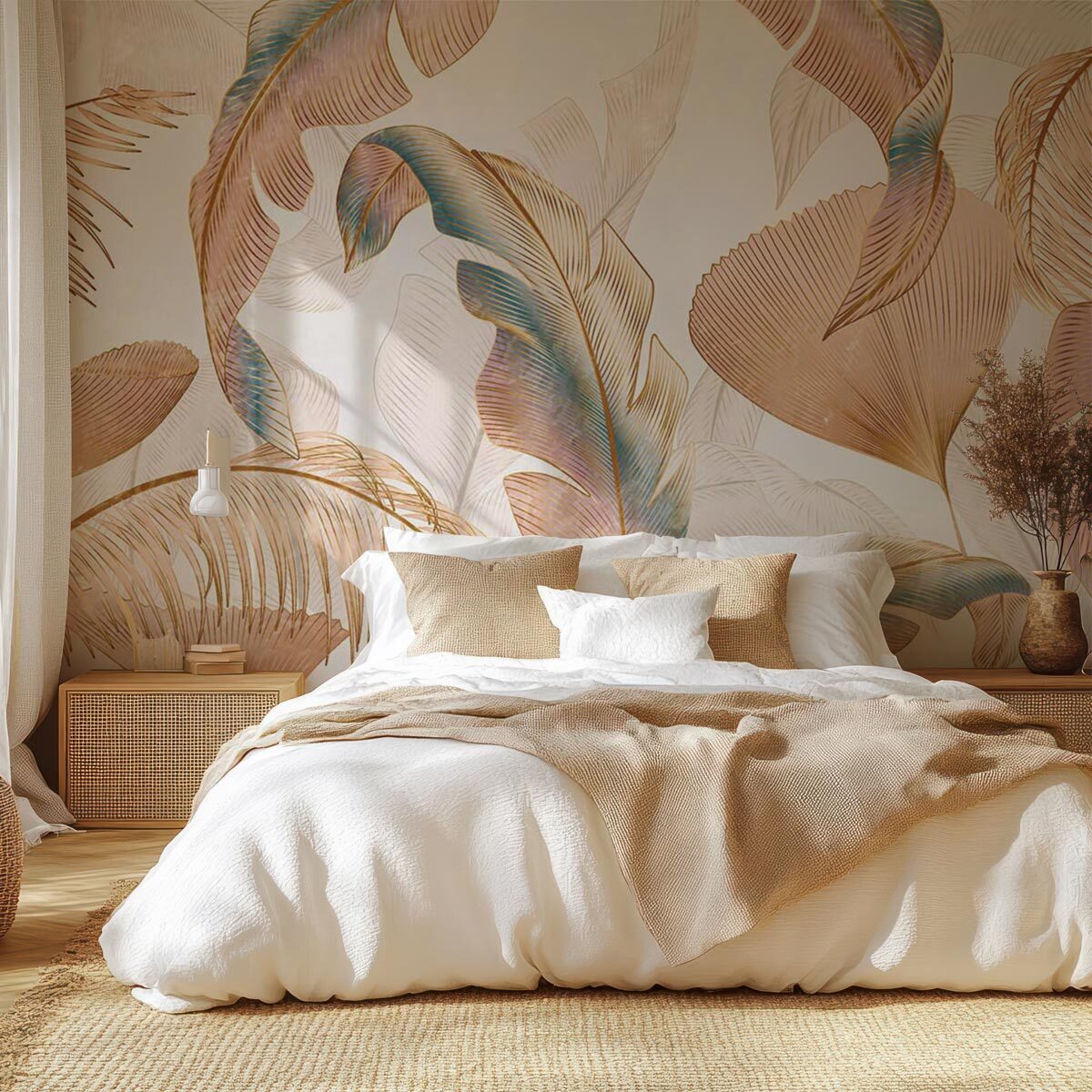 Papier peint feuillage tropical pastel doré ambiance douce Intissé