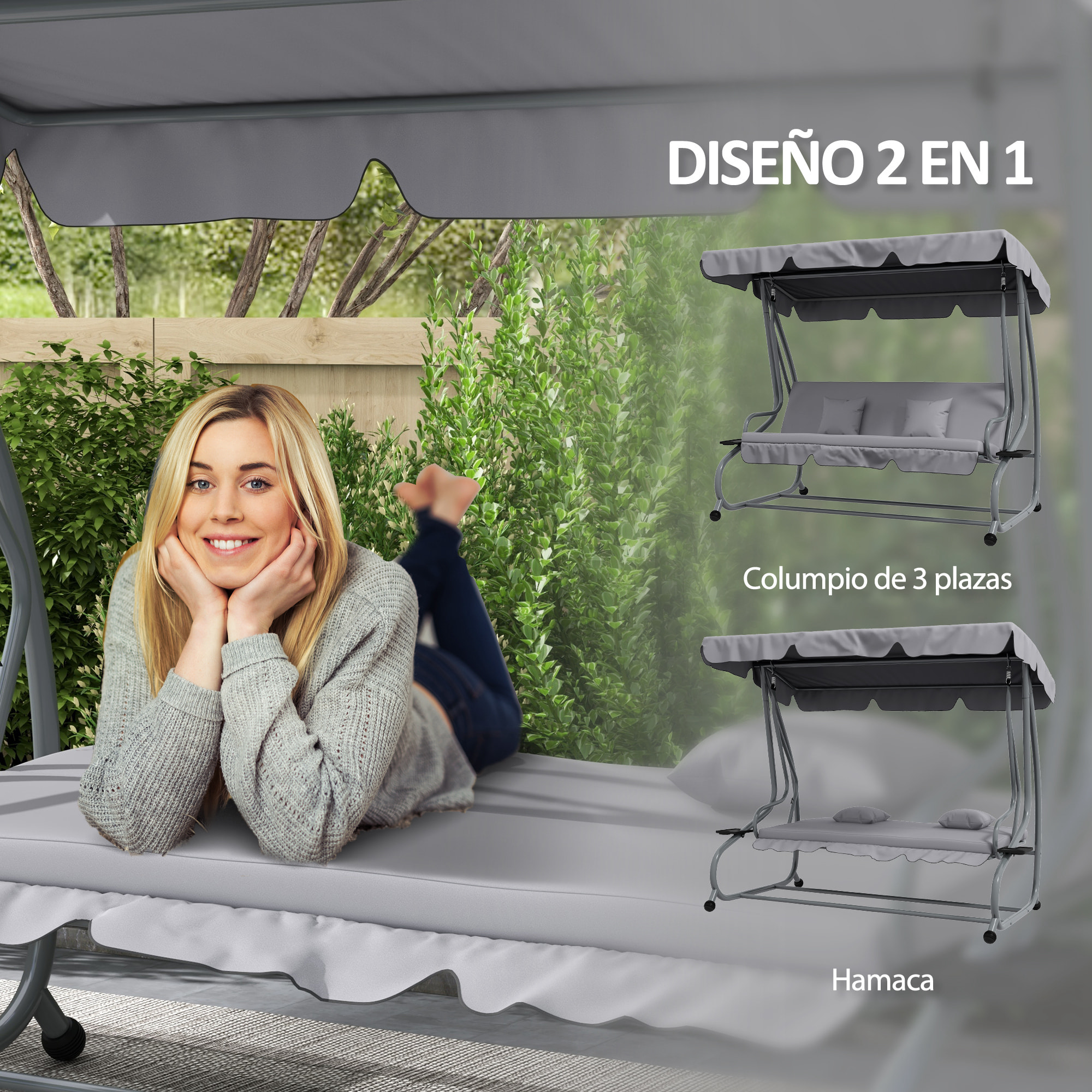 Balancín de Jardín Exterior de 3 Plazas Columpio de Jardín Exterior Convertible en Cama con Toldo Ajustable Soportes Laterales y 2 Almohadas Carga 340 kg 200x120x164 cm Gris