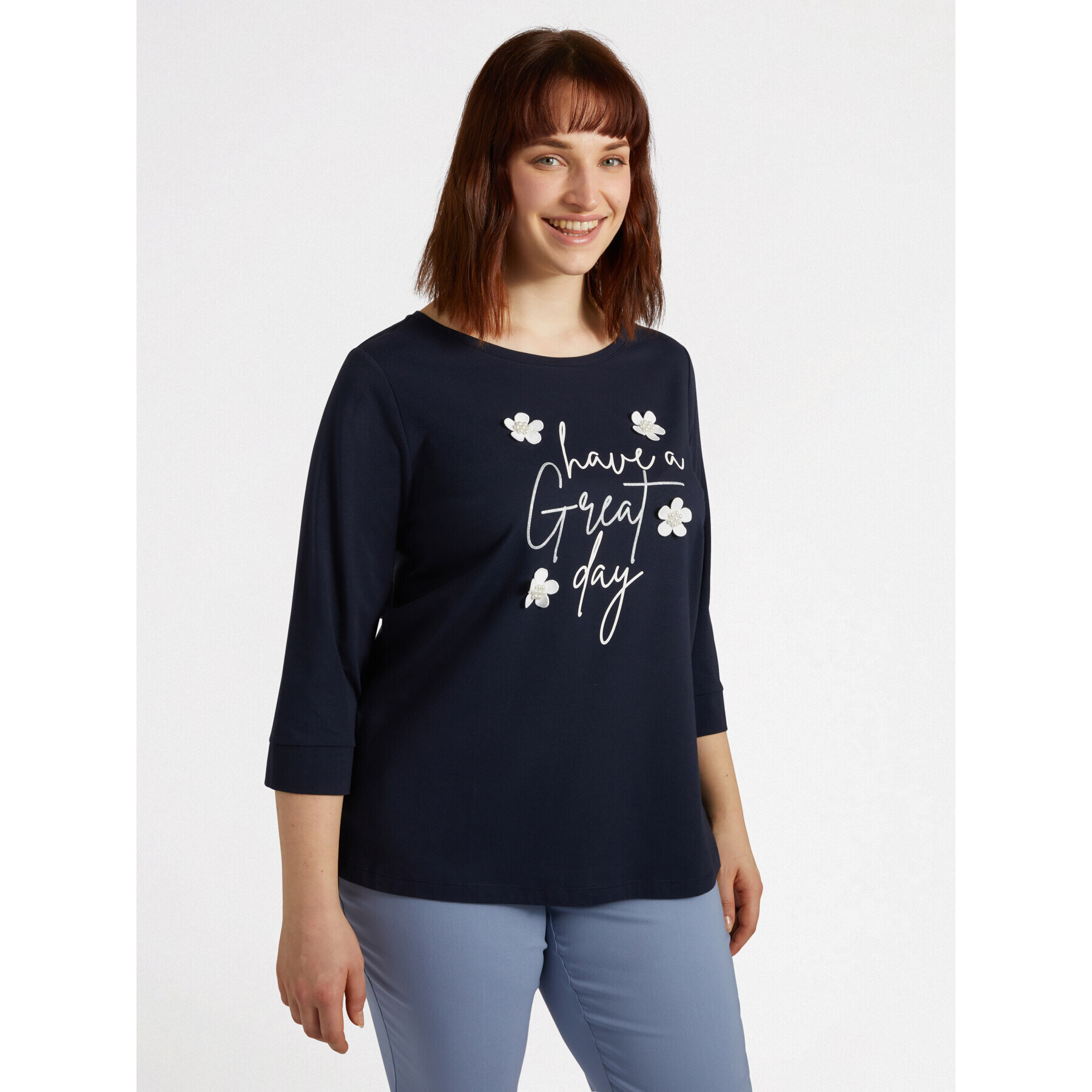 Fiorella Rubino - Camiseta con texto y flores bordadas - Azul