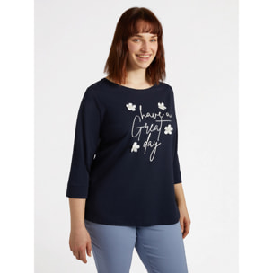 Fiorella Rubino - Camiseta con texto y flores bordadas - Azul
