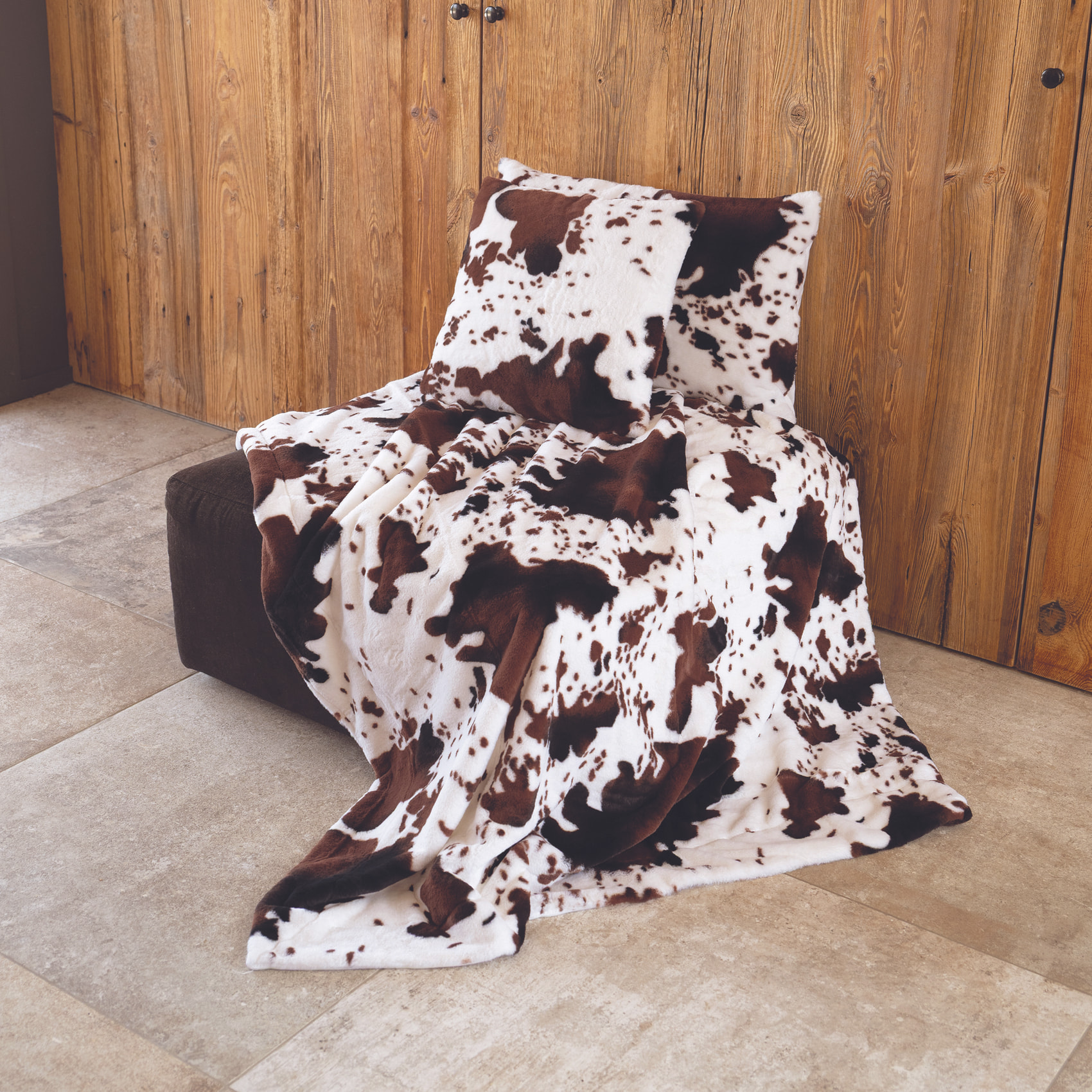Plaid doux à motif peau de vache avec dos en velours - Marron Foncé