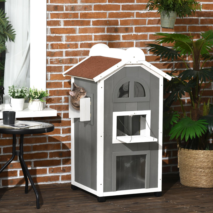 Casa para Gatos de Madera 59x55x109 cm Caseta para Gatos de 3 Niveles Refugio para Gatos con Techo Asfáltico Plataformas y Escalera para Exterior Gris