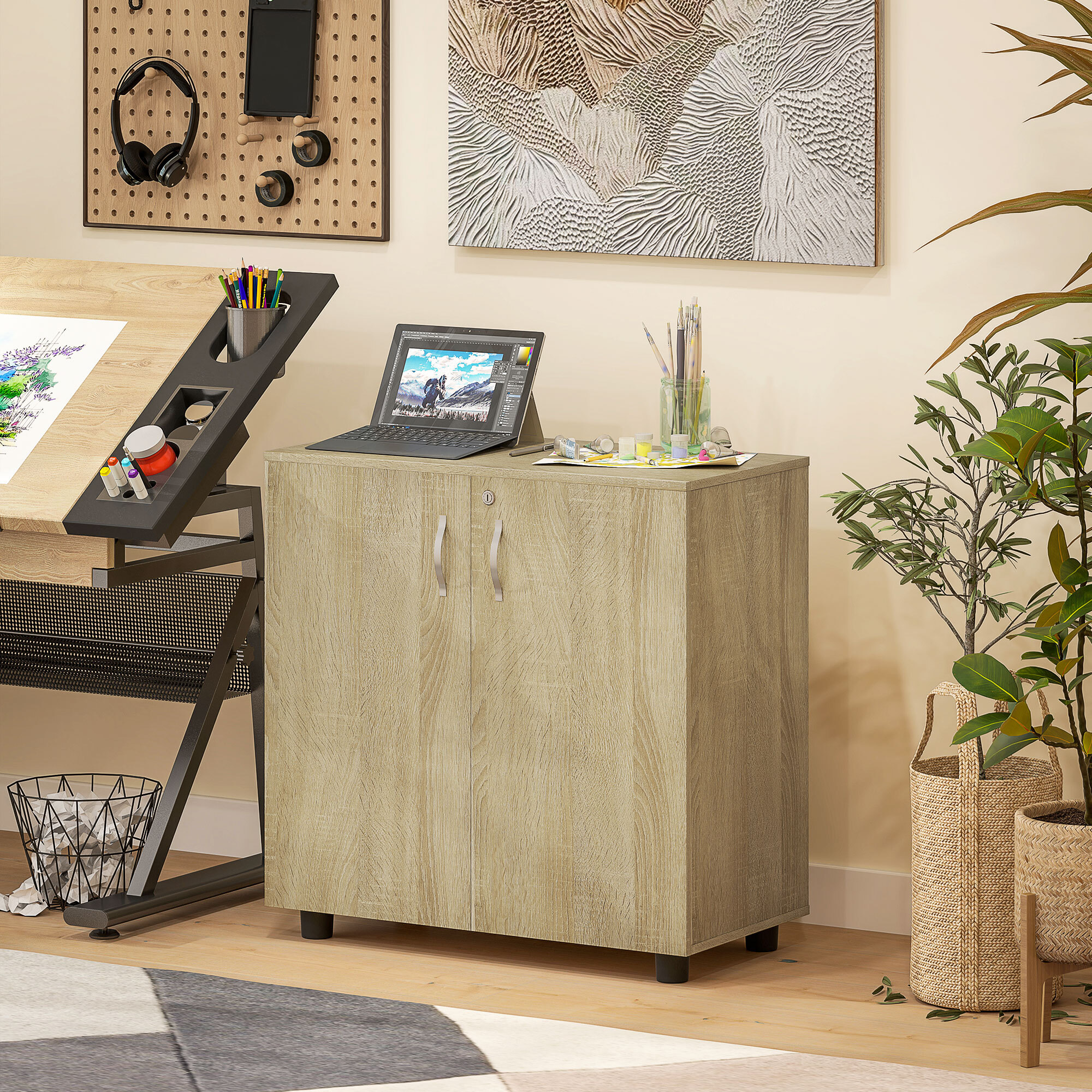 Armoire de bureau verrouillable 2 portes étagère effet bois clair