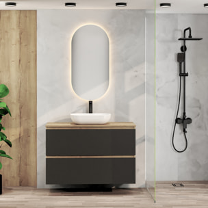 ENSEMBLE DE SALLE DE BAIN NIA | MEUBLE SUSPENDU | 100 CM NOIR | DEUX TIROIRS |LAVABO SUR PLAN | MIROIR NON INCLUS | MEUBLE MONTÉ | ALDAY