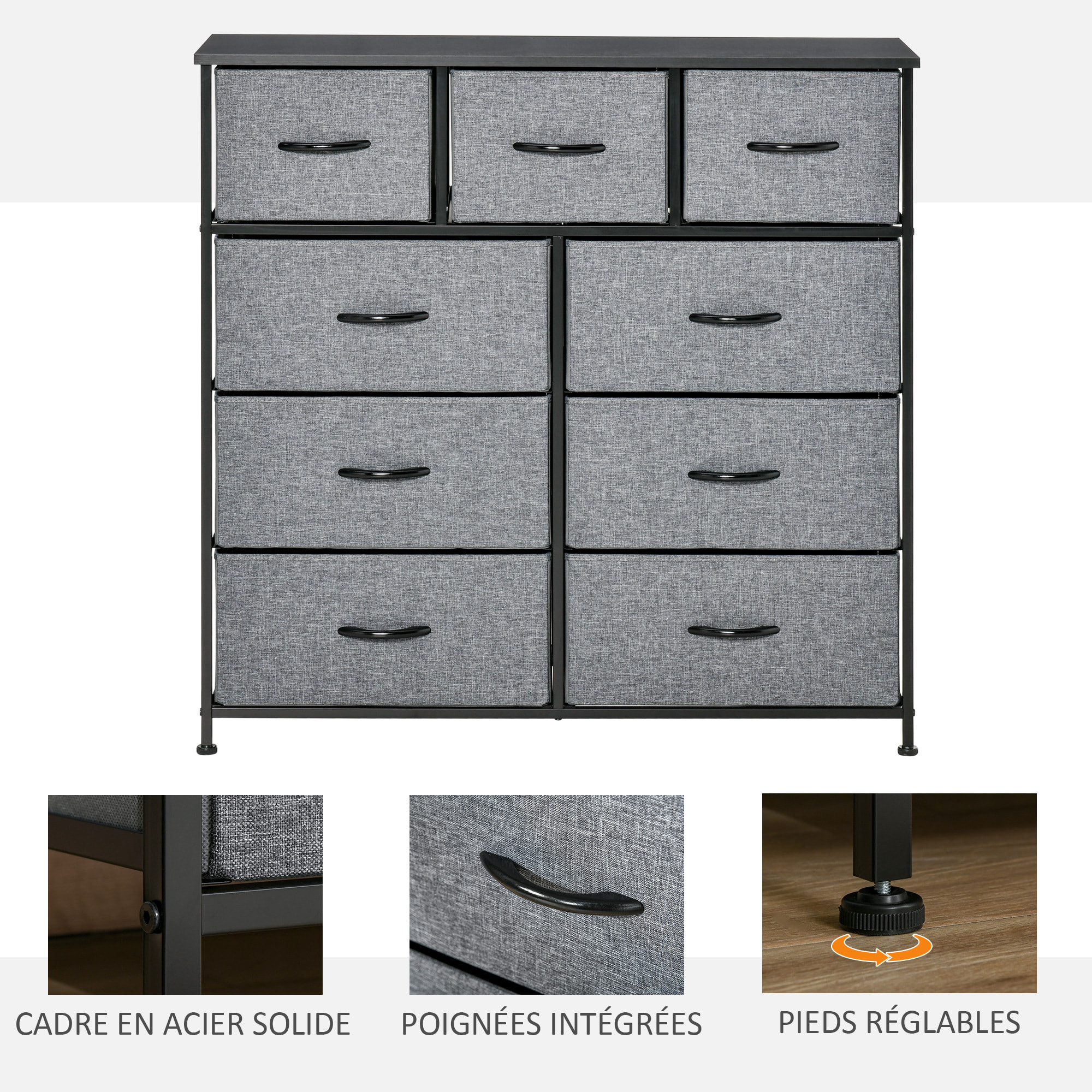 Meuble de rangement commode 9 tiroirs plateau acier MDF noir non tissé gris