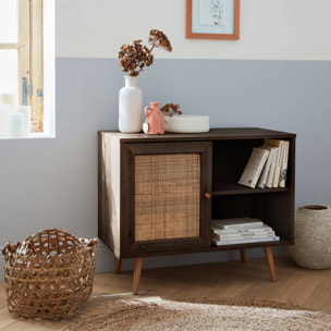 Meuble de rangement en cannage 80x39x65.8cm  Bohème - couleur bois foncé -  2 niveaux - 1 porte -  pieds scandinaves. buffet bas