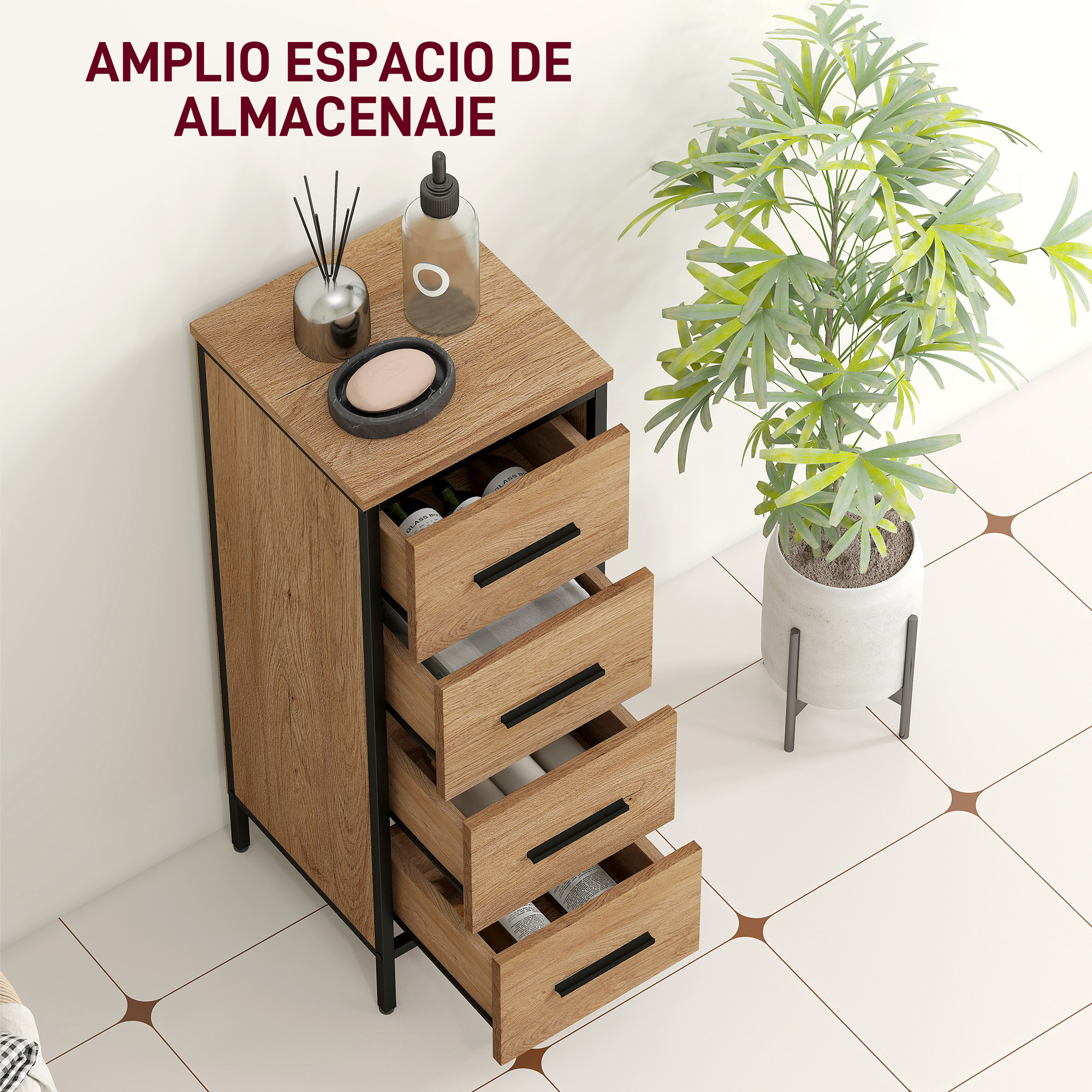Armario de Baño Mueble de Baño Estrecho Cajonera con 4 Cajones y Estructura de Acero 30x30x82 cm Roble