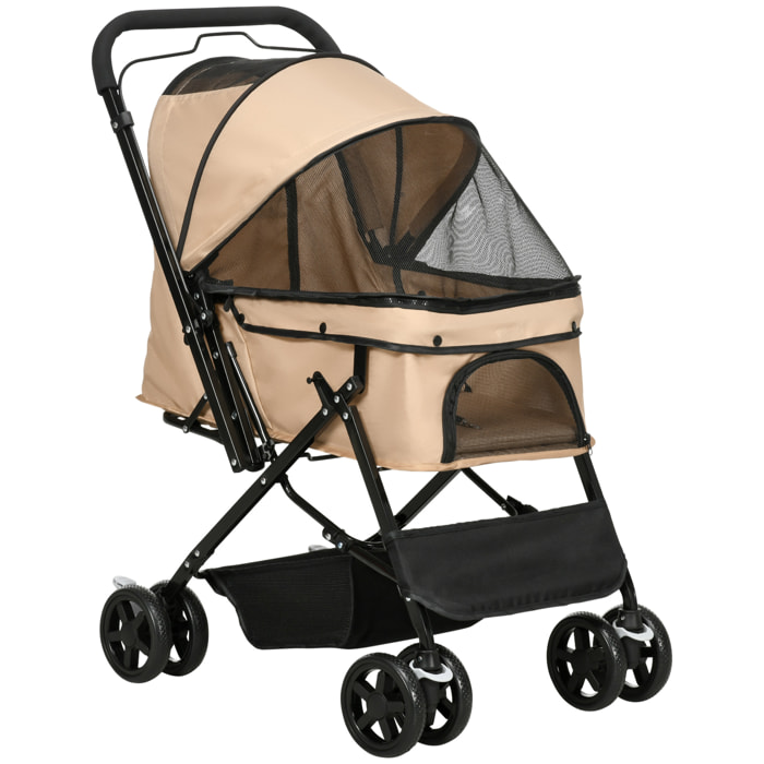 Poussette buggy pliable chien chat panier et sac de rangement attaches sécurité housse réglable poignée réglable acier Oxford beige