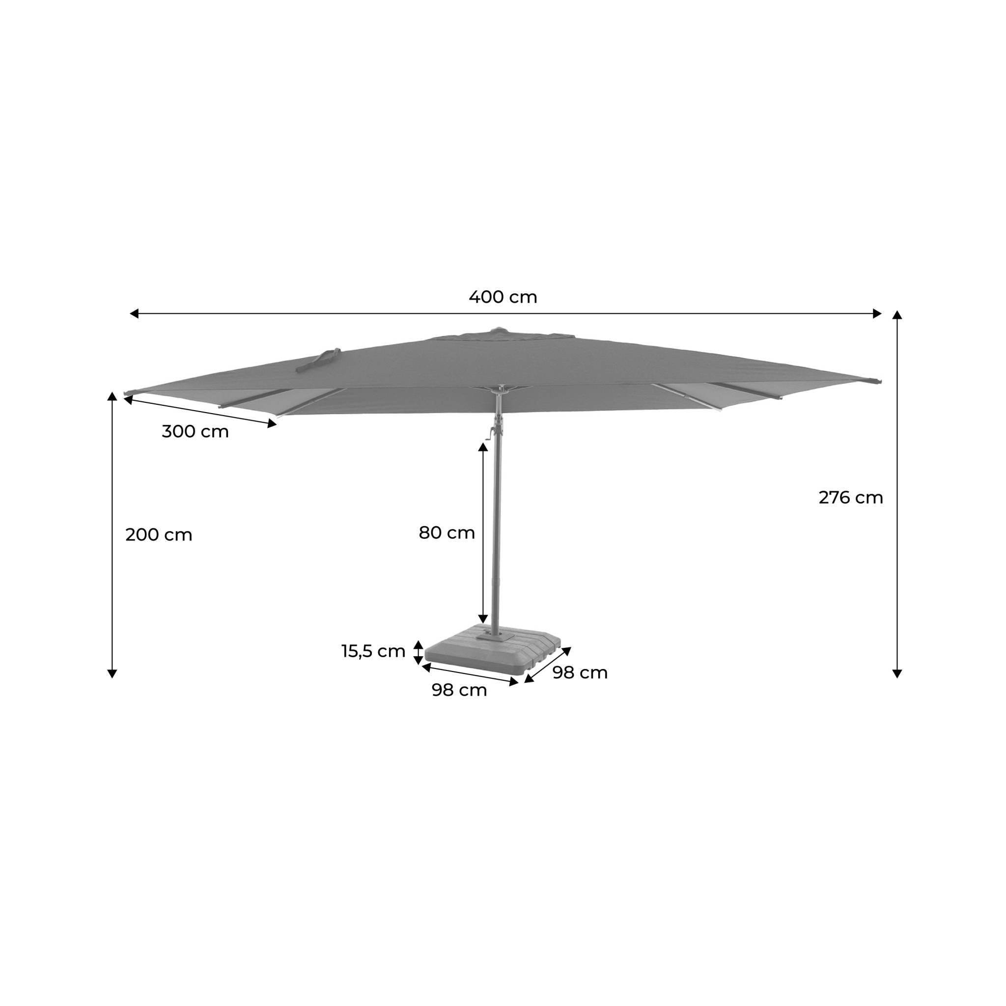Parasol déporté rectangulaire 3x4m + housse et dalles à lester 98x98cm OMBREA