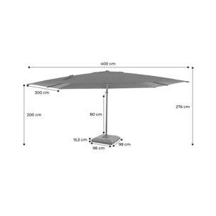 Parasol déporté rectangulaire 3x4m + housse et dalles à lester 98x98cm OMBREA