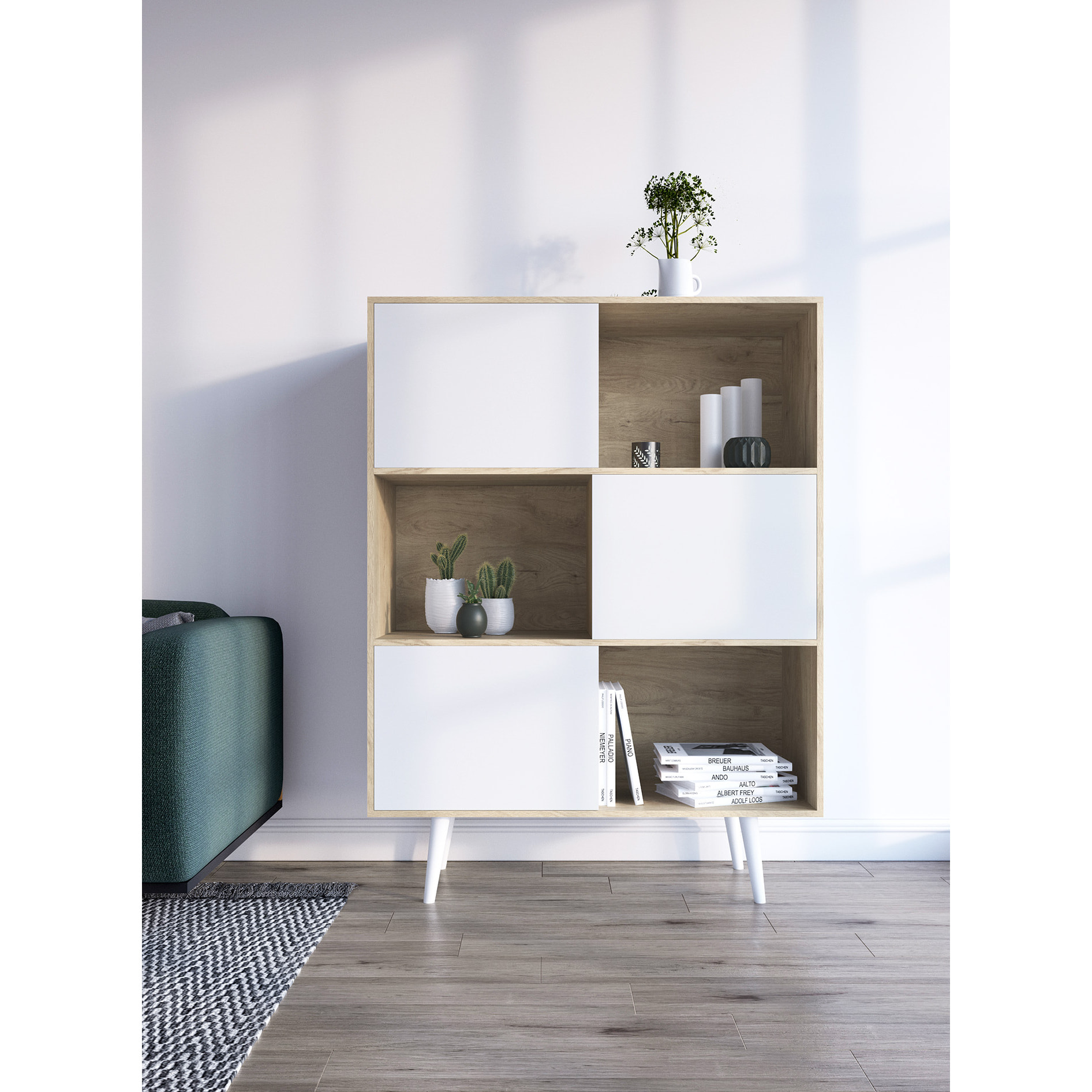 Estantería librería Nordic melamina roble claro-blanco 131x100x30 cm