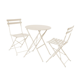 Table de jardin bistrot pliante métal + 2 assises beige Ø60 x 70cm. acier thermolaqué