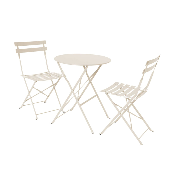 Table de jardin bistrot pliante métal + 2 assises beige Ø60 x 70cm. acier thermolaqué