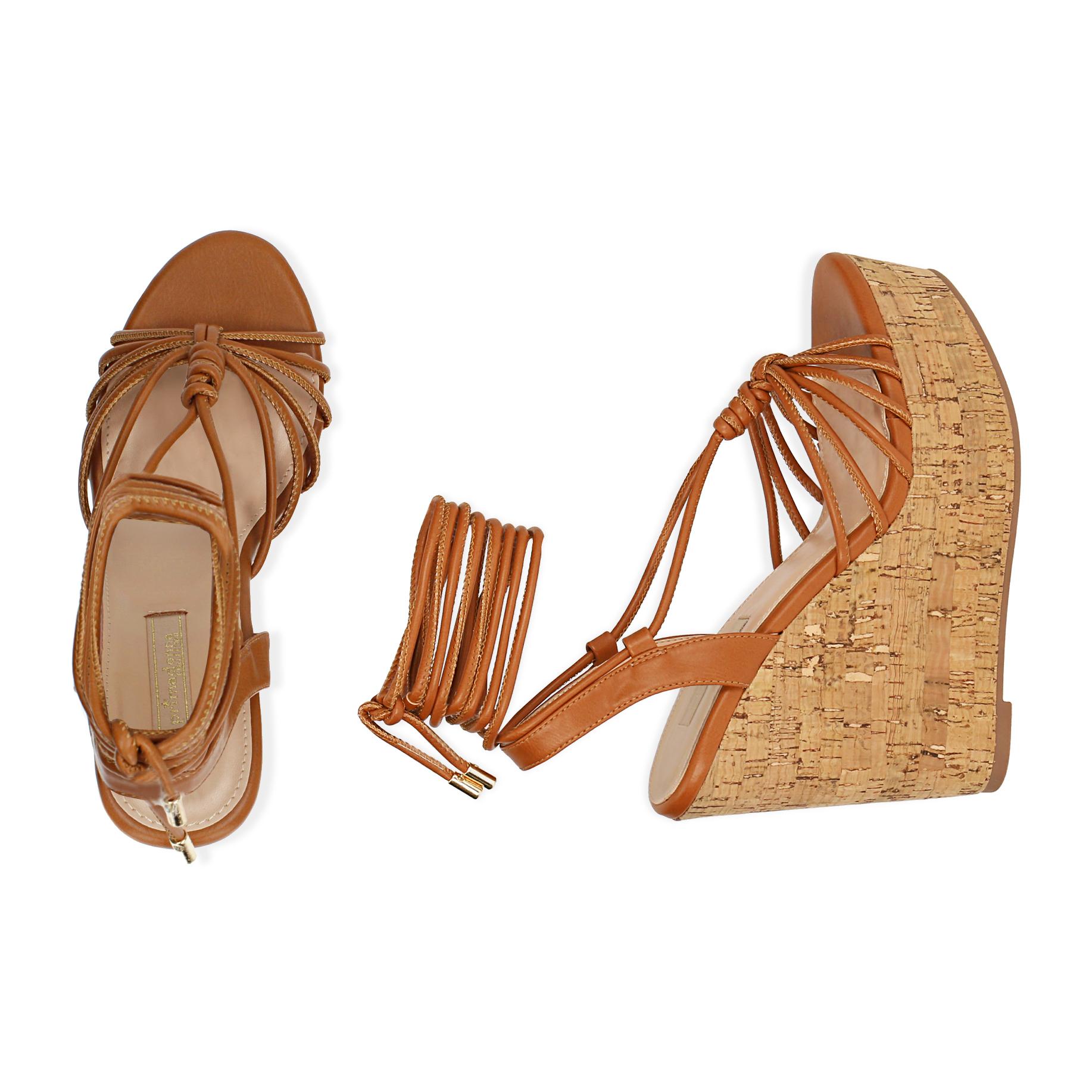 Sandali cognac in sughero, zeppa 12,5 cm