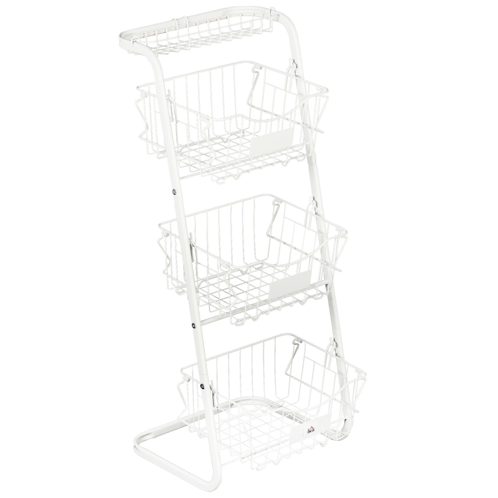 HOMCOM Cesta de Frutas y Verduras de 3 Niveles Organizador de Cestas Apilables de Acero con 3 Cestas Extraíbles para Cocina Salón Dormitorio 42,5x36,5x91 cm Blanco