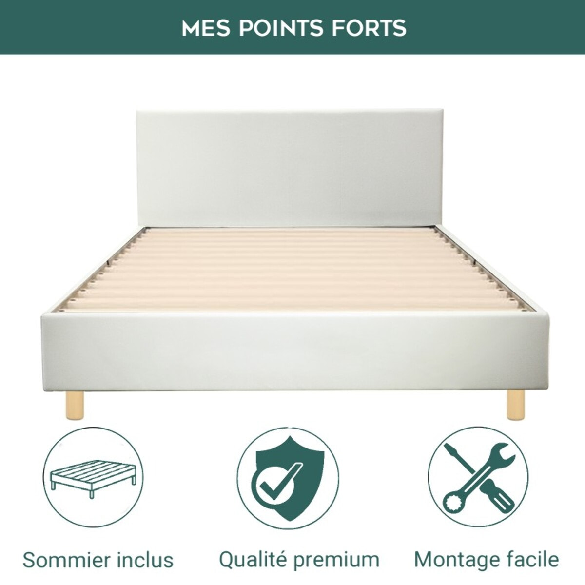 Ensemble Lit avec tête de lit & matelas | Mémoire de forme avec surmatelas intégré | Cadre à lattes | Simili cuir | Blanc