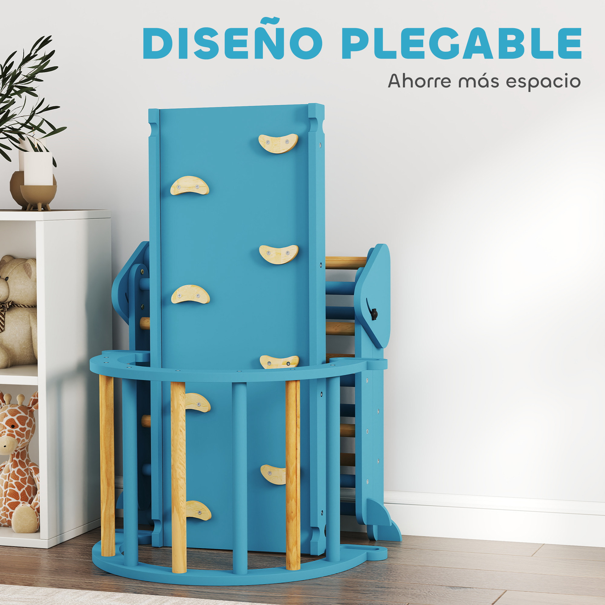 7 en 1 Triángulo de Escalada Montessori con Arco y Rampa, Escalada para Niños de Madera Plegable, para 18-48 Meses, para Deslizarse o Escalar, 188x70 cm, Azul