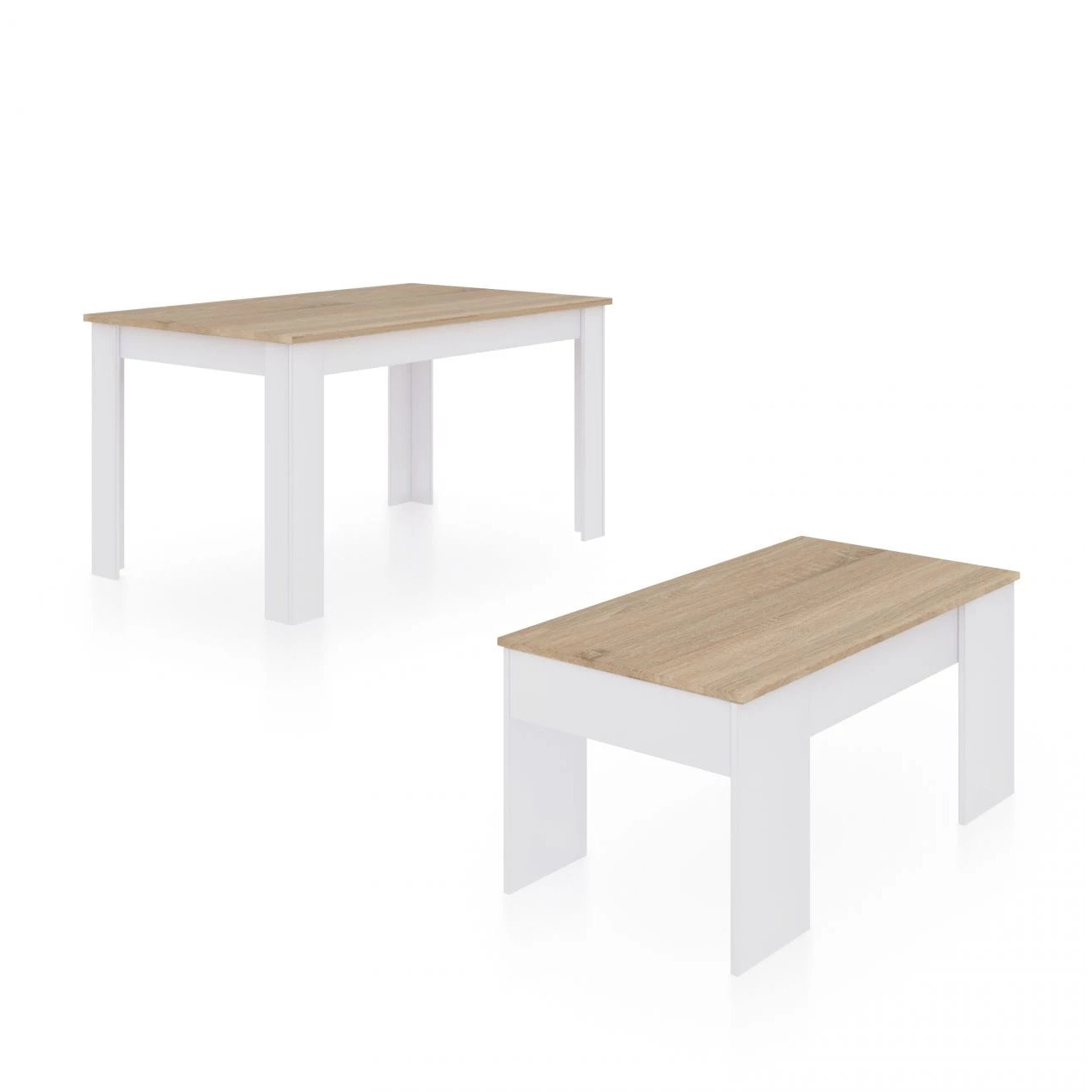 Pack mesa de comedor 140 y mesa de centro Vita Blanco Artik (Blanco Mate) - Roble Canadian