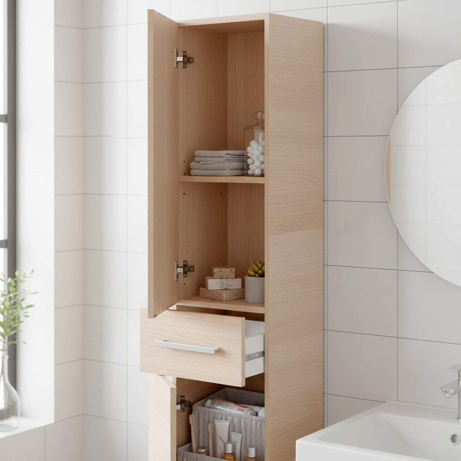 Mobile Alto Da Bagno Con 2 Ante E Cassetto Colonna Mobiletto Armadietto Salvaspazio In Melamina Lavanderia 182 x 35 x 30.5 Cm Rovere