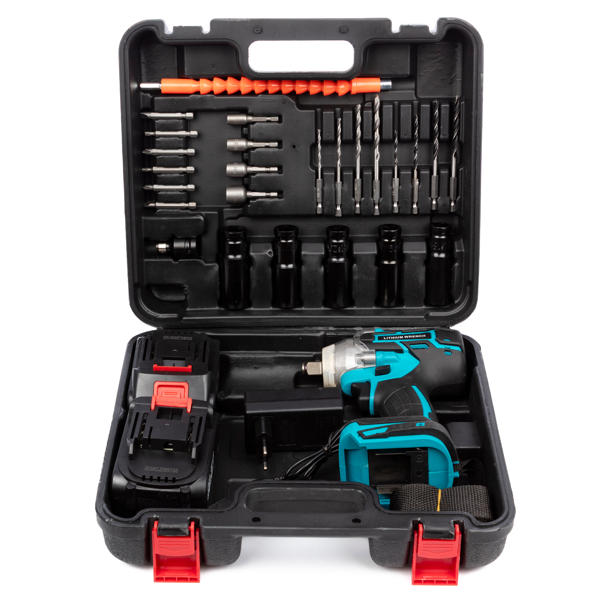 Chiave a impulsi elettrica senza fili con motore brushless, valigetta di trasporto e 25 accessori. 2 batterie da 13000 mAh.