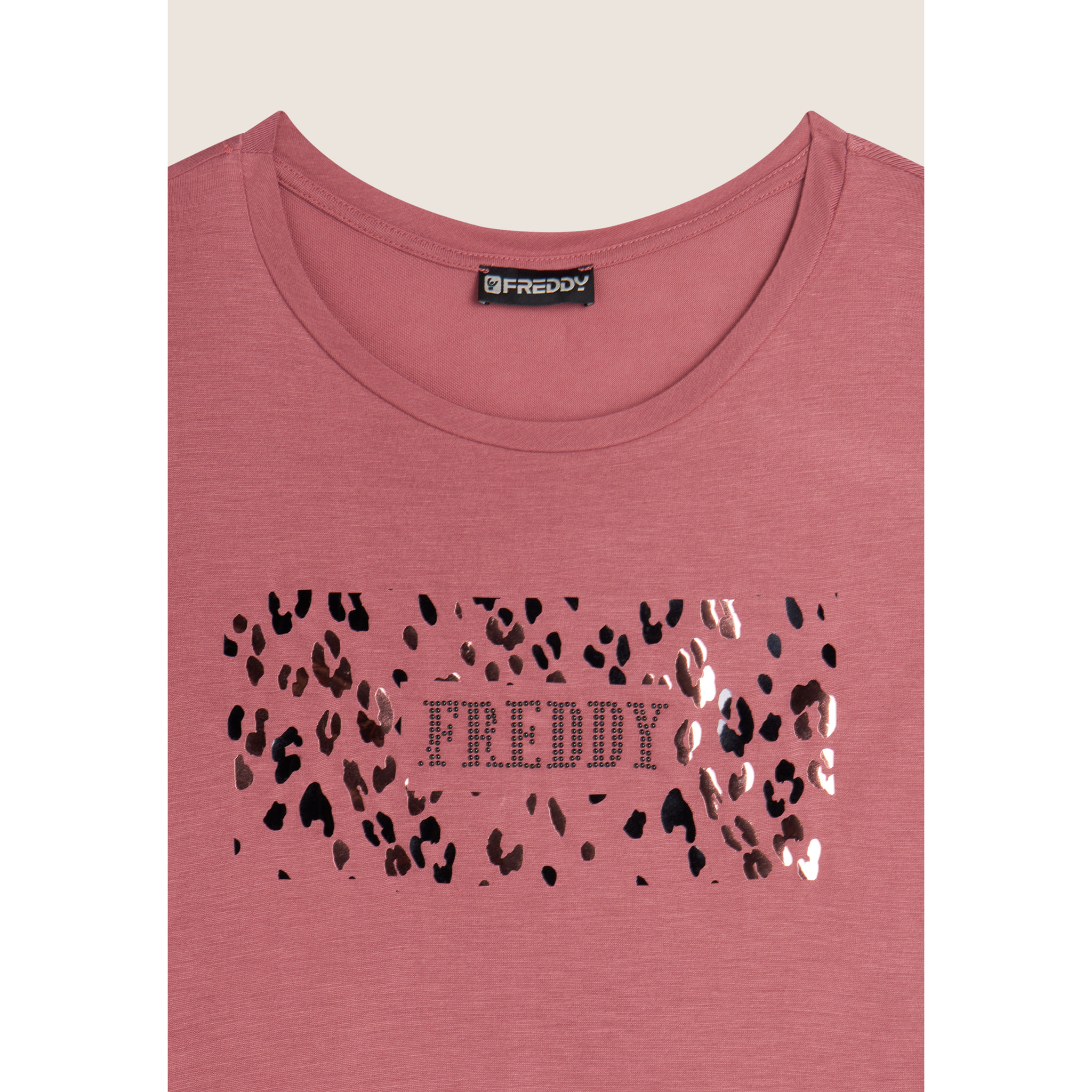 T-shirt donna in jersey di viscosa con stampa oro rosa