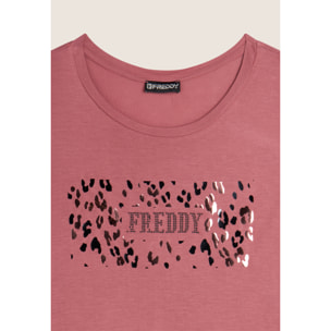 T-shirt donna in jersey di viscosa con stampa oro rosa