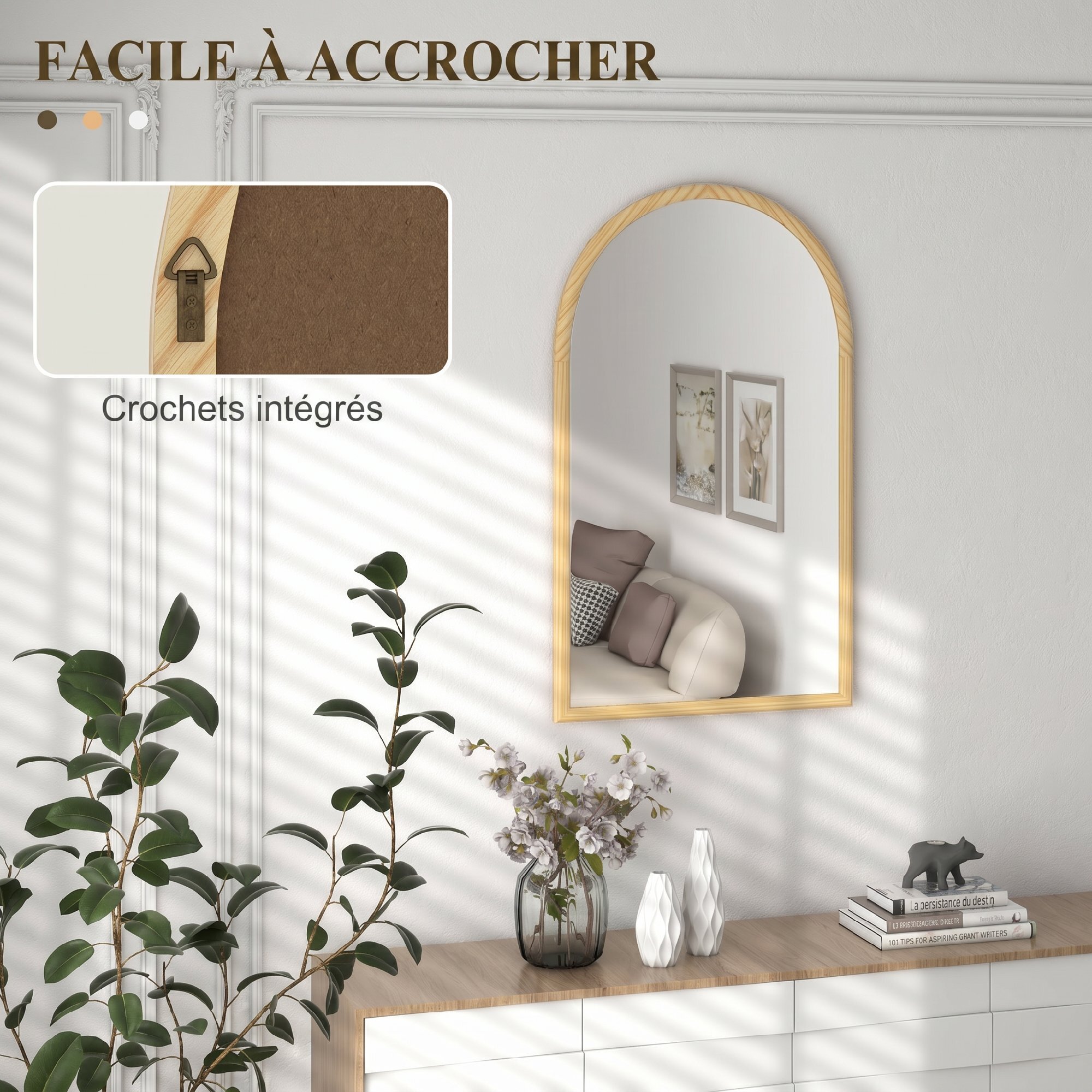 Miroir mural arche bois 110 x 65 cm clair naturel