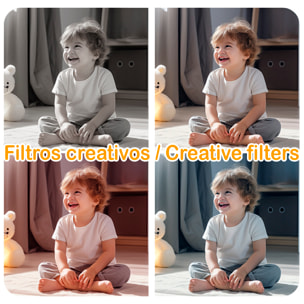 Cámara infantil de fotos y video. 44mpx y video FHD, zoom digital 8x. Cámara trasera para selfies, juegos incorporados. Funda de silicona diseño dinosaurio.