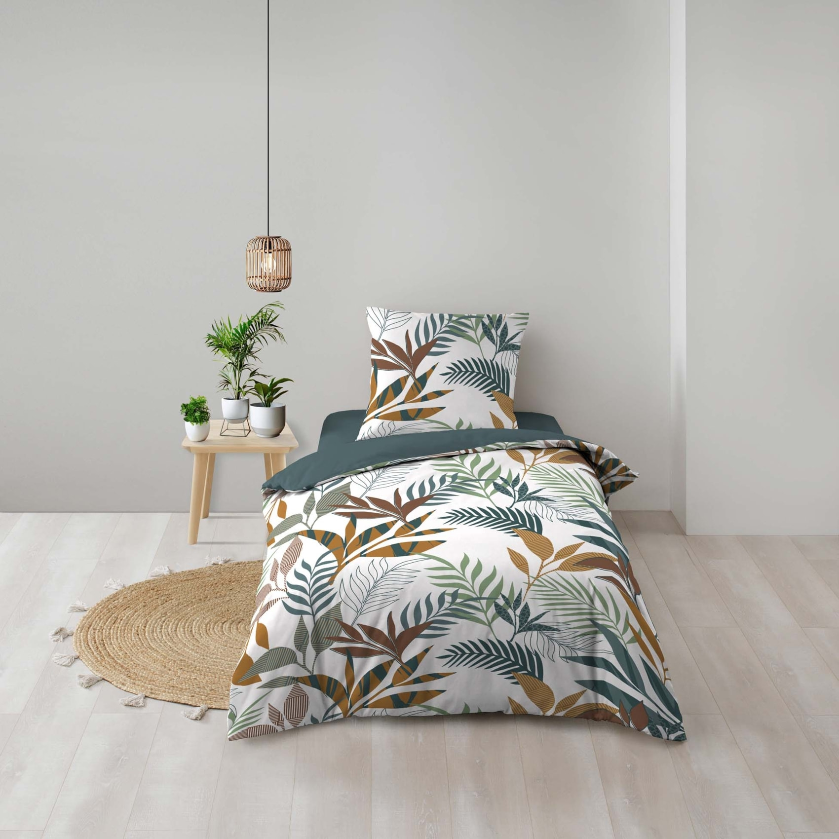 Parure de lit 2 pièces 100% coton à motifs végétaux housse + taie - Bleu