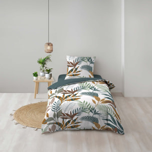 Parure de lit 2 pièces 100% coton à motifs végétaux housse + taie - Bleu