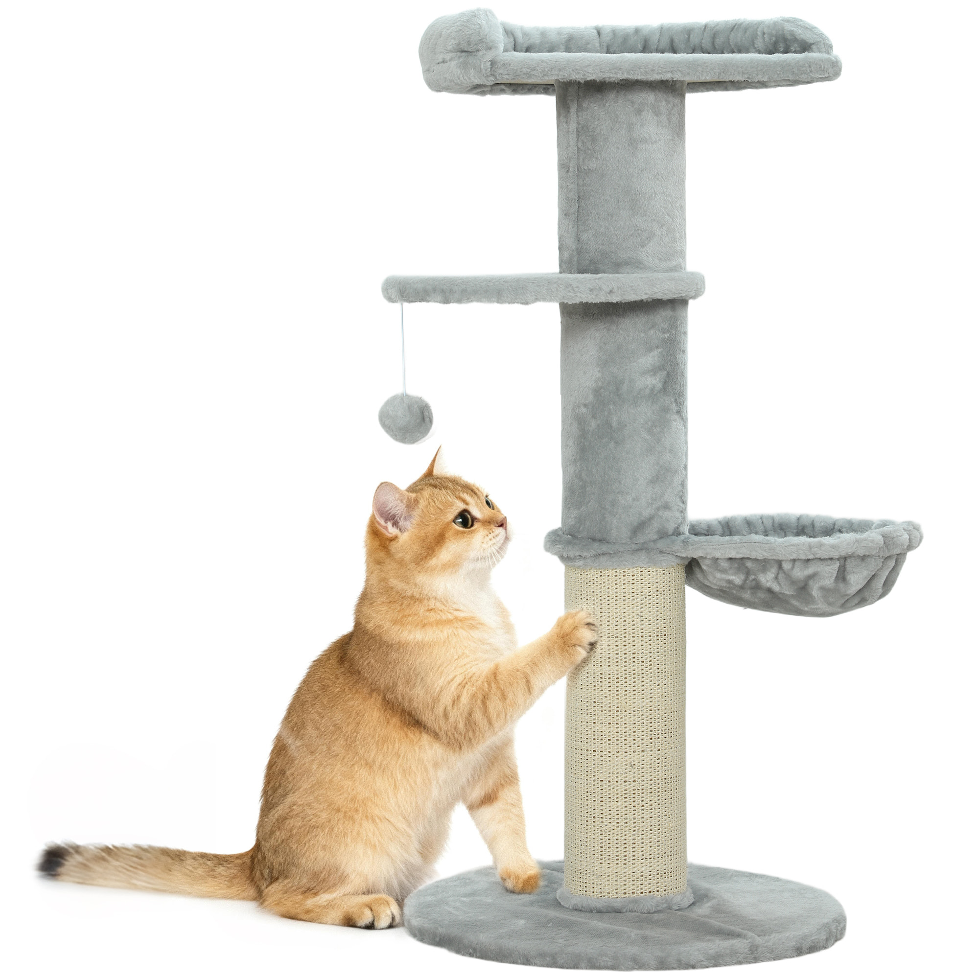 Árbol Rascador para Gatos, Árbol para Gatos 103,5 cm, Torre Escalador con Cama, Hamaca, Plataforma, Poste de Sisal Extra Grueso, Bola Colgante, Gris Claro