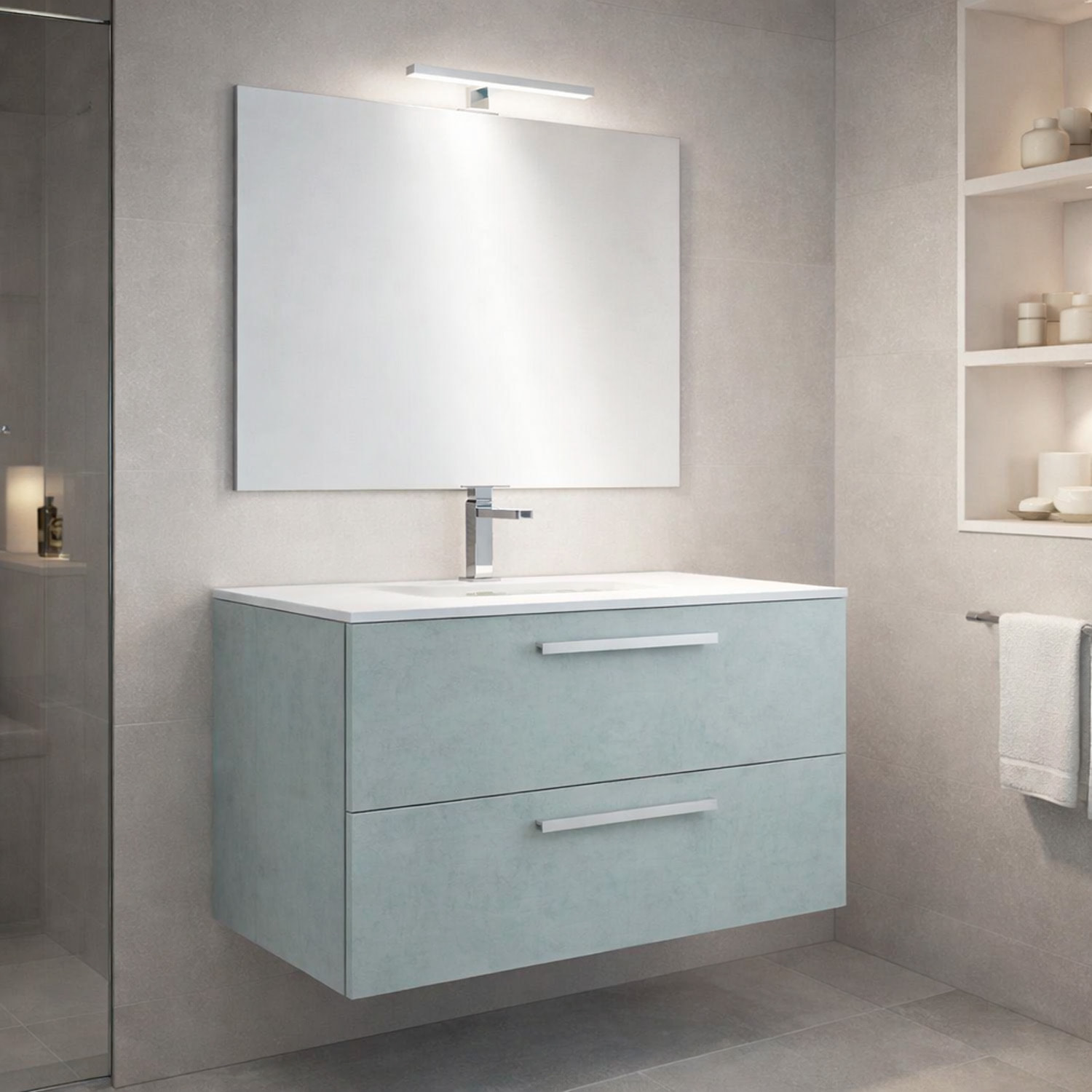 Mobile Mobiletto Bagno Sospeso Con 2 Cassettoni Soft Close Con Lavandino In Ceramica Specchio E Led Da 45 Cm  57 x 80 x 45 Cm Colore Cemento Laccato