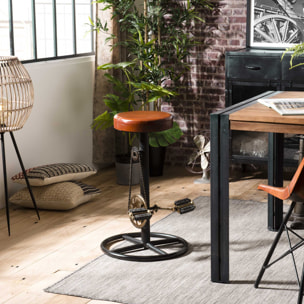 ROBIN - Tabouret de bar industriel cuir marron pieds métal noir déco pédales