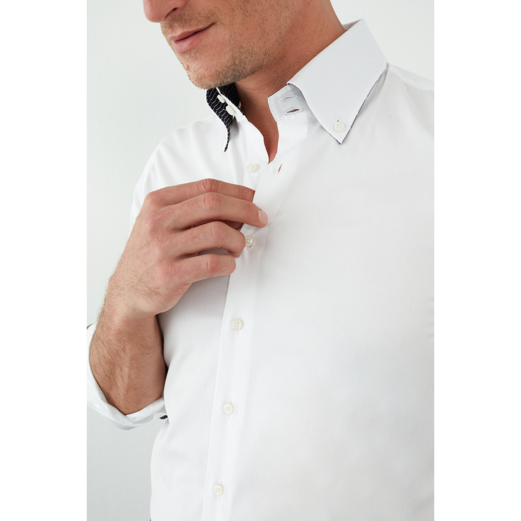 Camicia Uomo 2 Bottoni Button Down Slim Popeline Stretch Unito Bianco