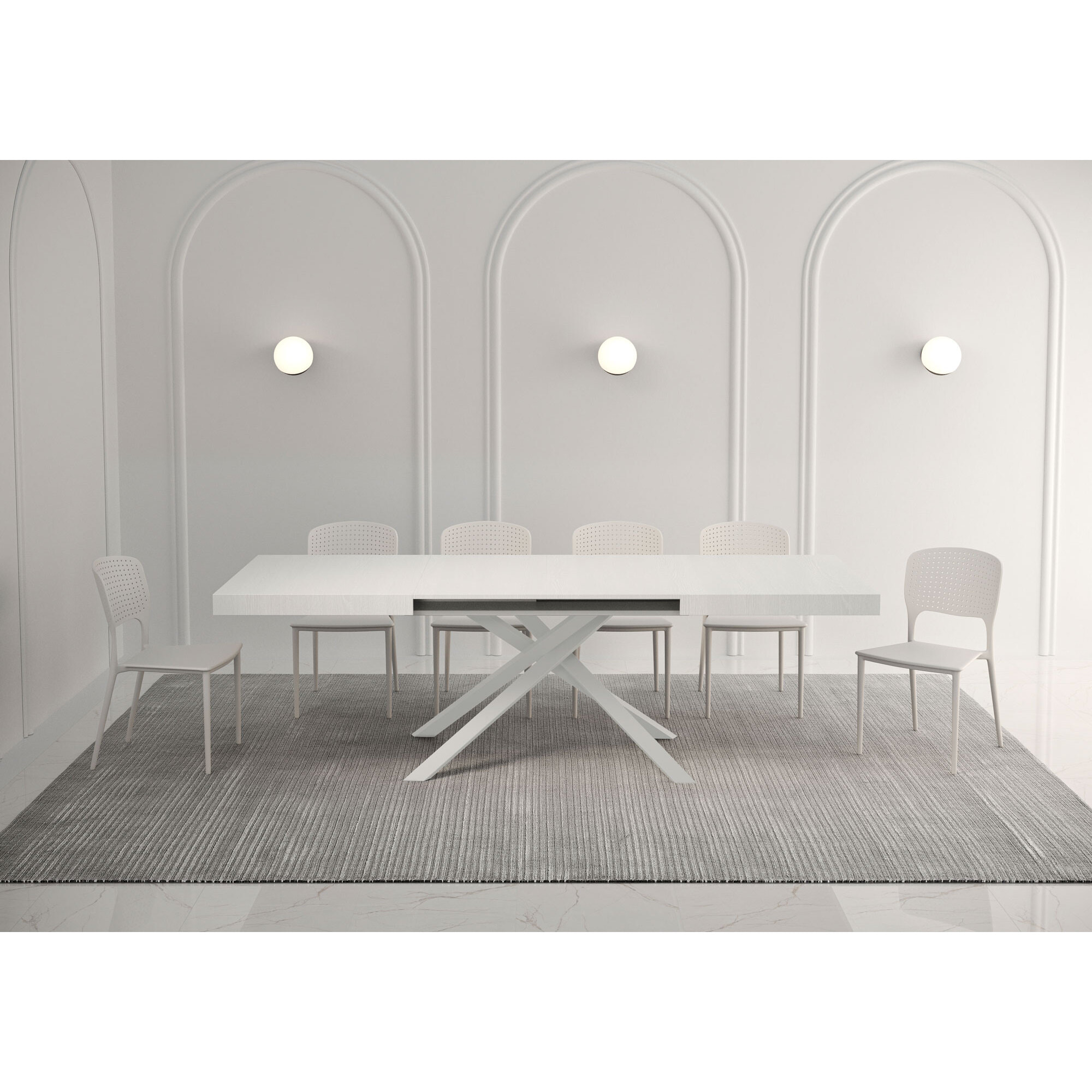 Table extensible 90x140/400 cm Karida frêne blanc pieds blanc