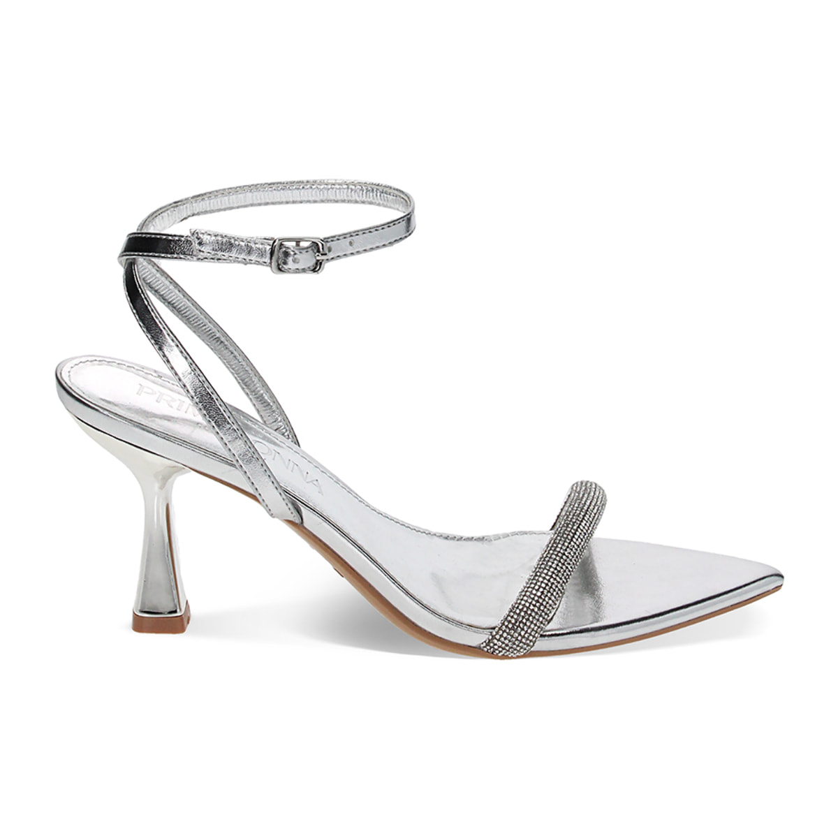 Sandalias con tacón plateado en laminado con piedras