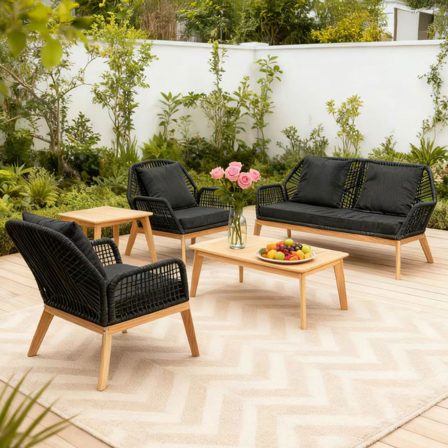 EMILIO Salon de jardin 4 places en bois avec 2 tables gris anthracite et bois